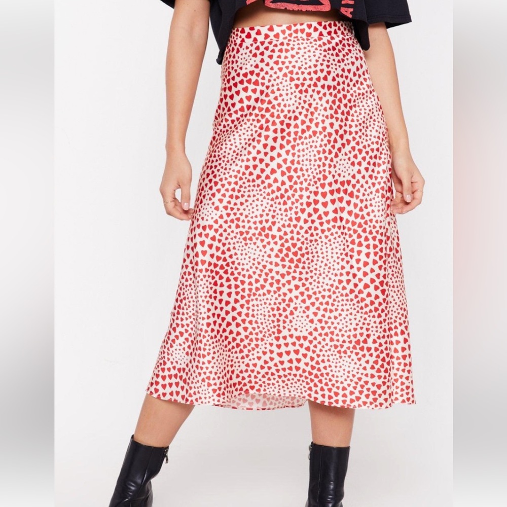 Rachel Zoe Red And White Heart midi skirt Satin Like Material Size Large